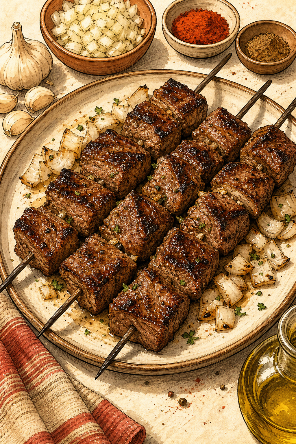 Dana Şiş Kebabı (Turkish Beef Skewers) illustrated recipe card