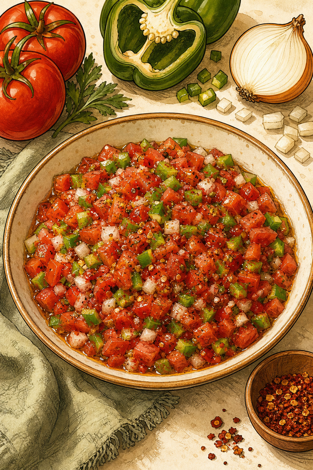 Acılı Ezme (Turkish Spicy Tomato Meze) illustrated recipe card