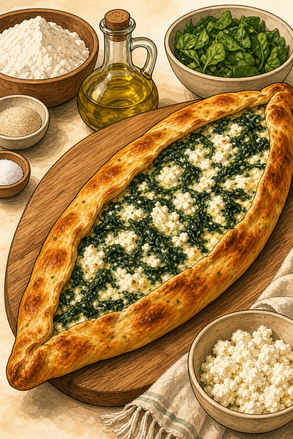 Ispanaklı Peynirli Pide (Spinach and White Cheese Pide)