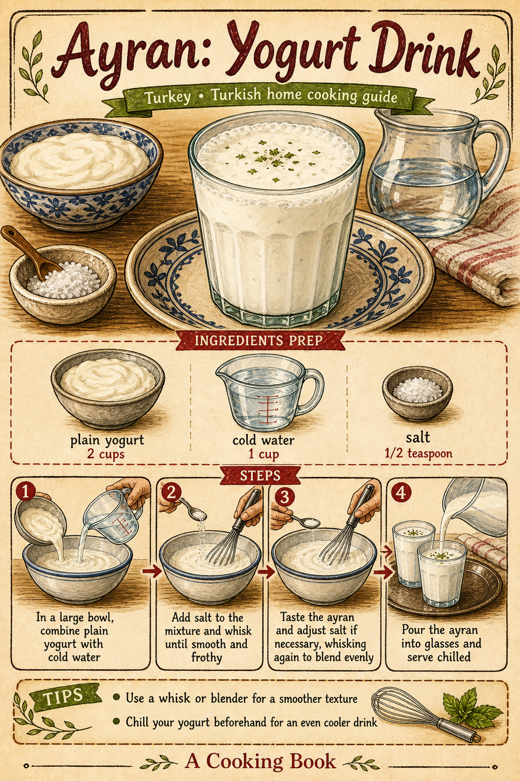 Köpüklü Ayran (Foamy Turkish Yogurt Drink) illustrated step-by-step cooking guide