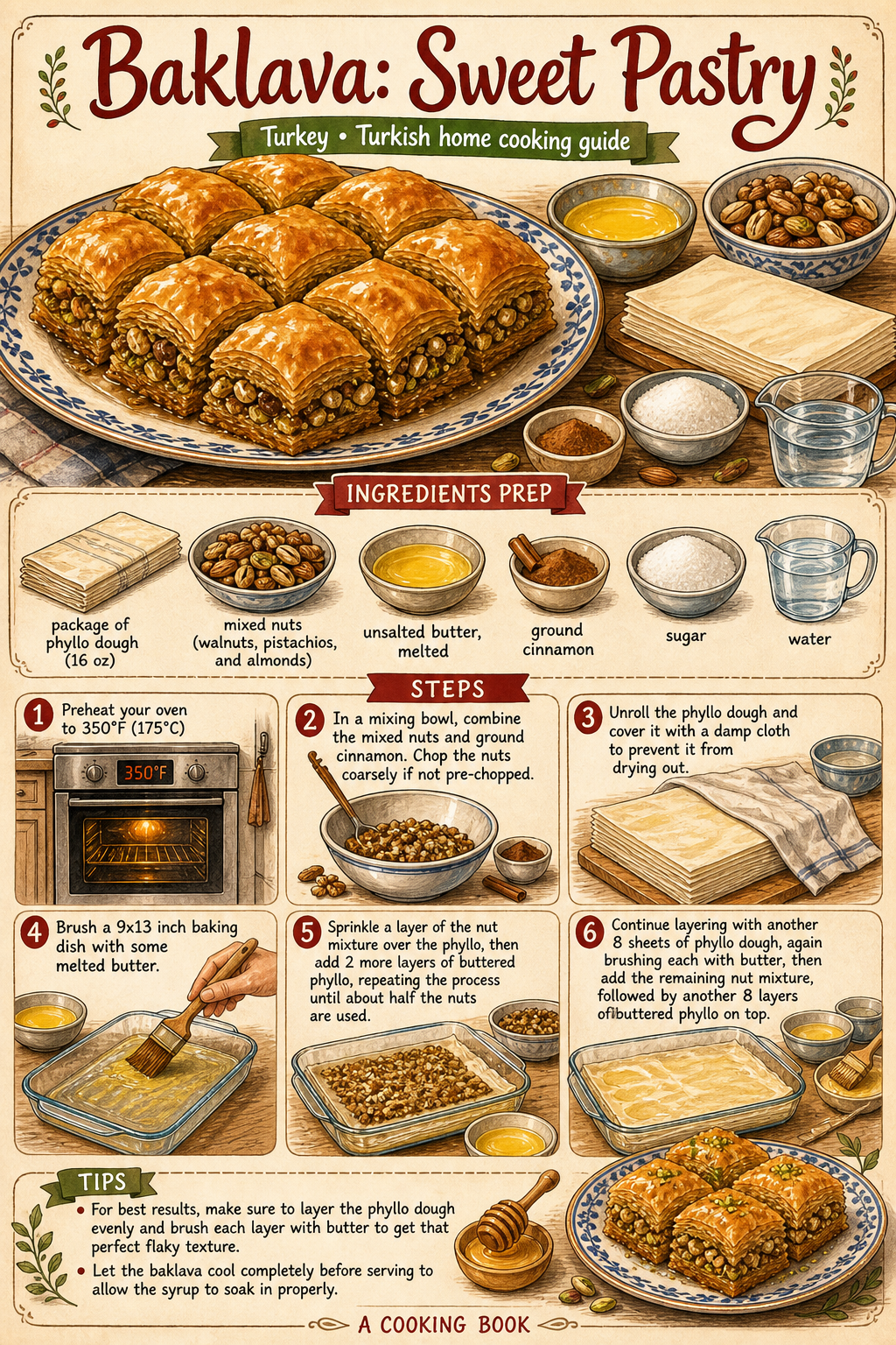 Fıstıklı Türk Baklavası (Turkish Pistachio Baklava) illustrated step-by-step cooking guide