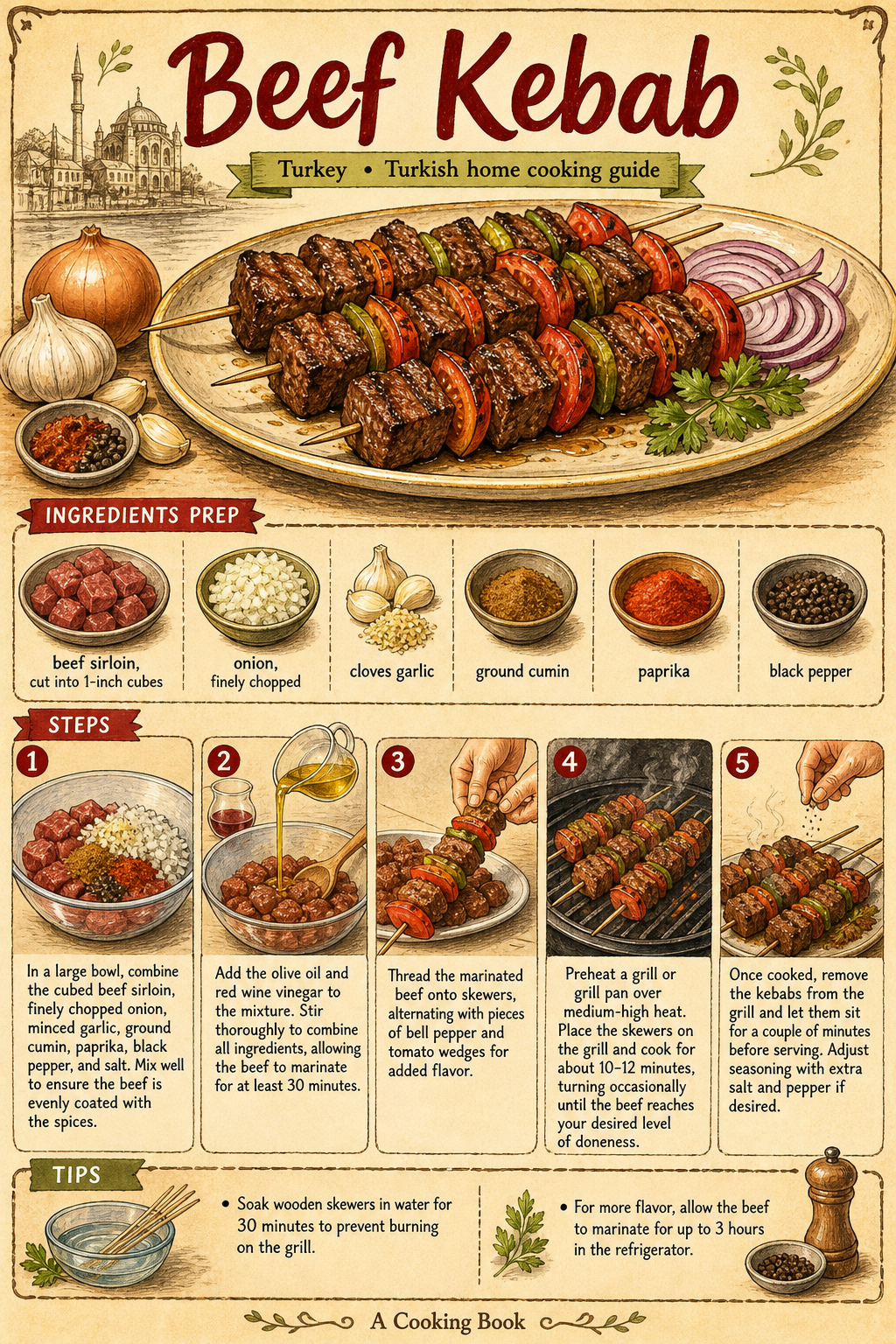 Dana Şiş Kebabı (Turkish Beef Skewers) illustrated step-by-step cooking guide