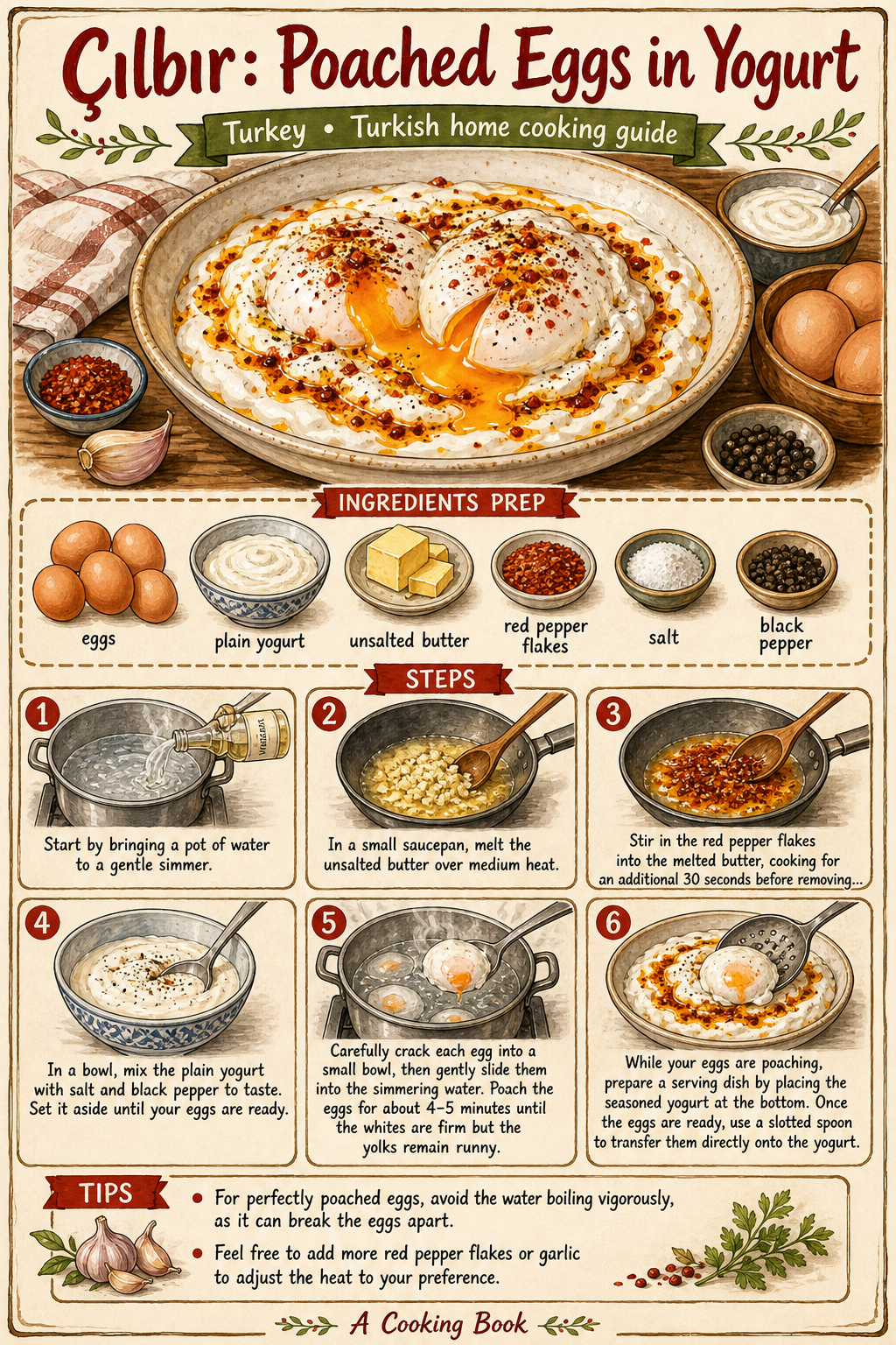 Çılbır (Turkish Poached Eggs with Garlic Yogurt) illustrated step-by-step cooking guide