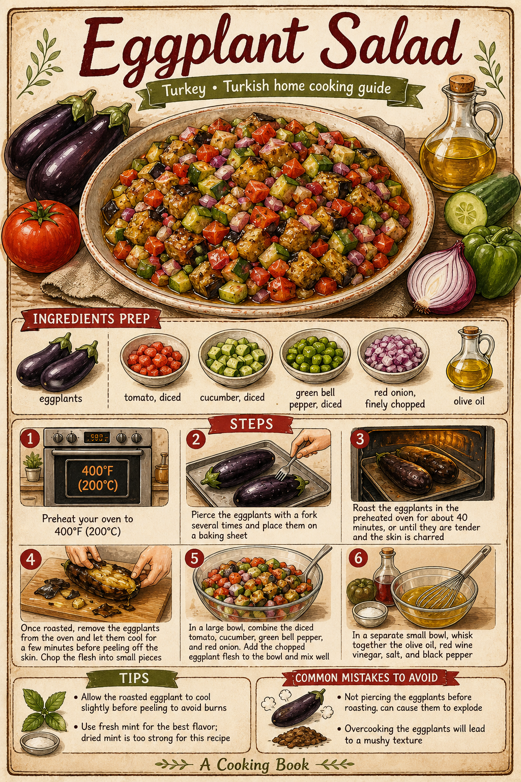 Közlenmiş Patlıcan Salatası (Turkish Roasted Eggplant Salad) illustrated step-by-step cooking guide