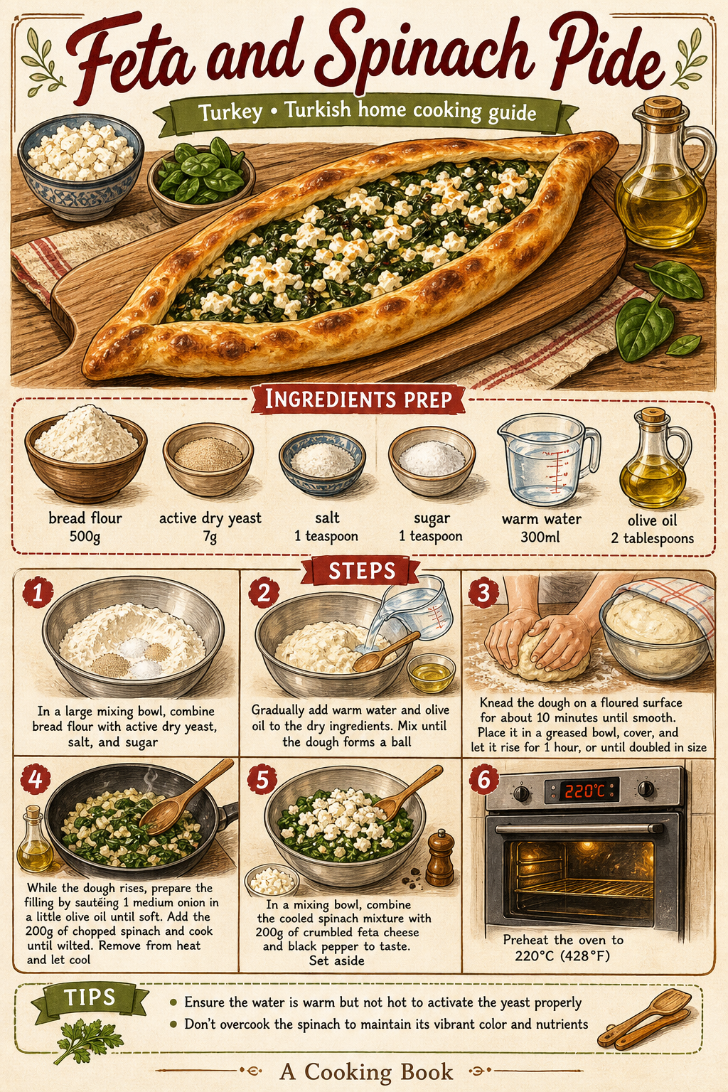 Ispanaklı Peynirli Pide (Spinach and White Cheese Pide) illustrated step-by-step cooking guide