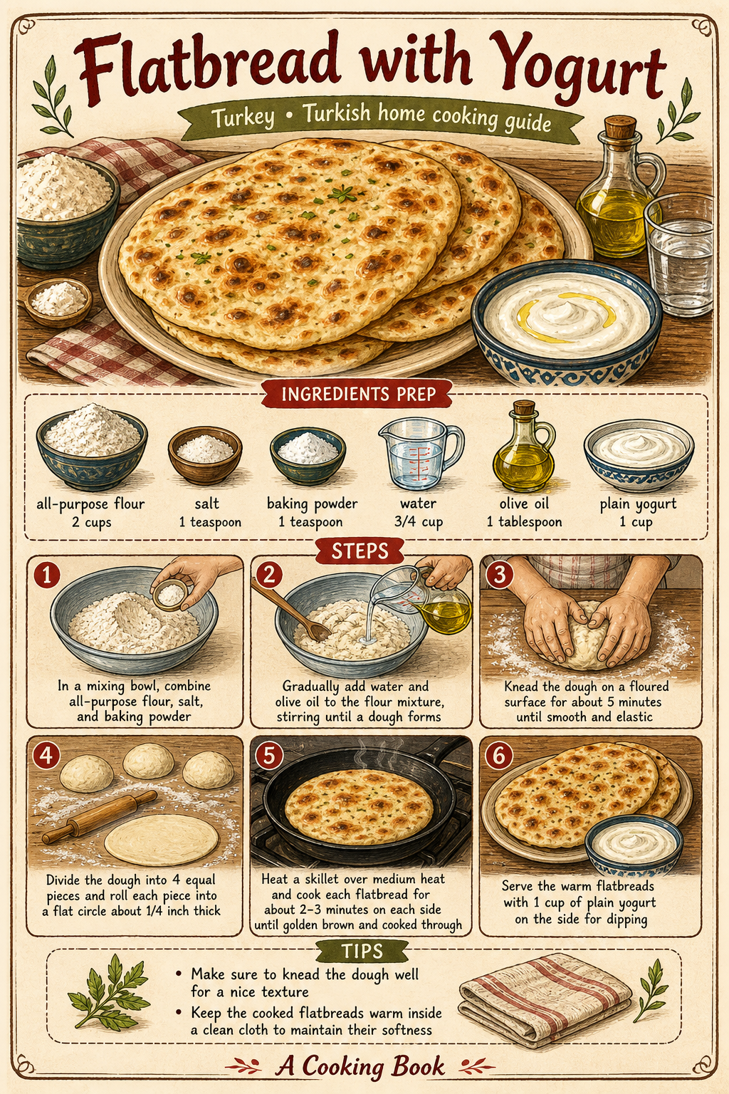 Yoğurtlu Bazlama (Turkish Yogurt Flatbread) illustrated step-by-step cooking guide