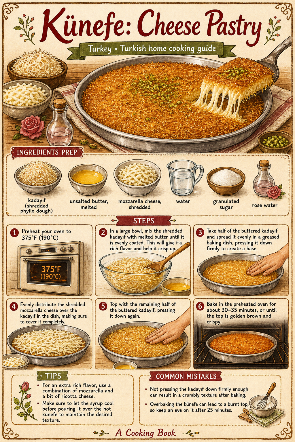 Hatay Künefesi (Turkish Cheese and Kadayıf Dessert) illustrated step-by-step cooking guide