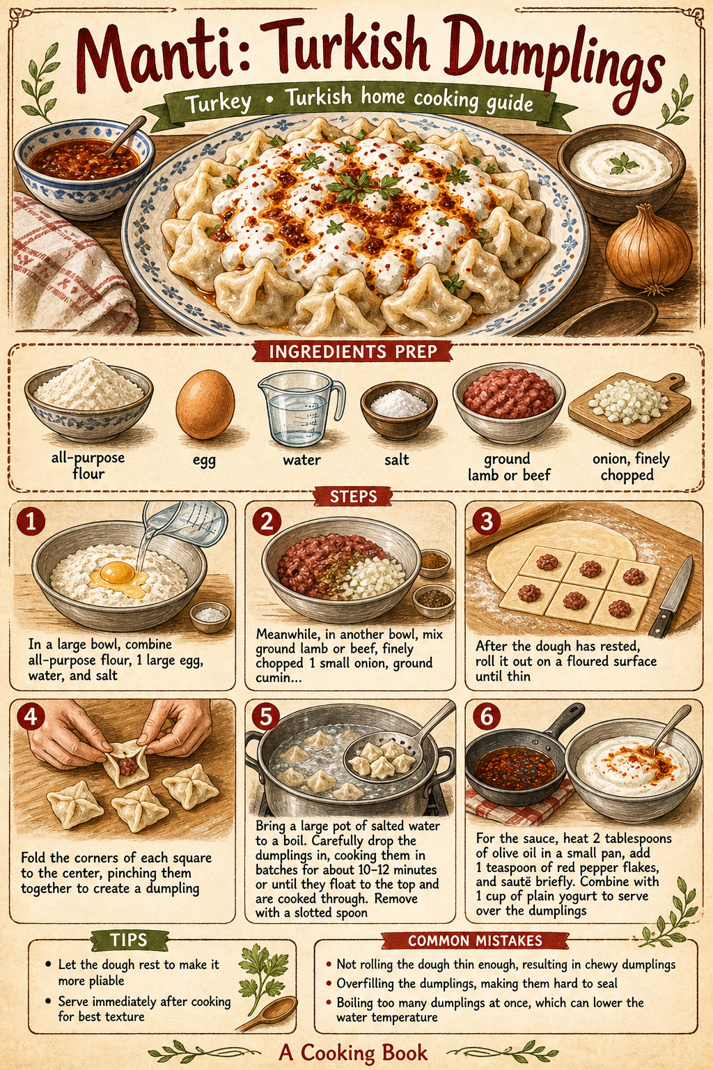 Kayseri Mantısı (Turkish Tiny Dumplings) illustrated step-by-step cooking guide