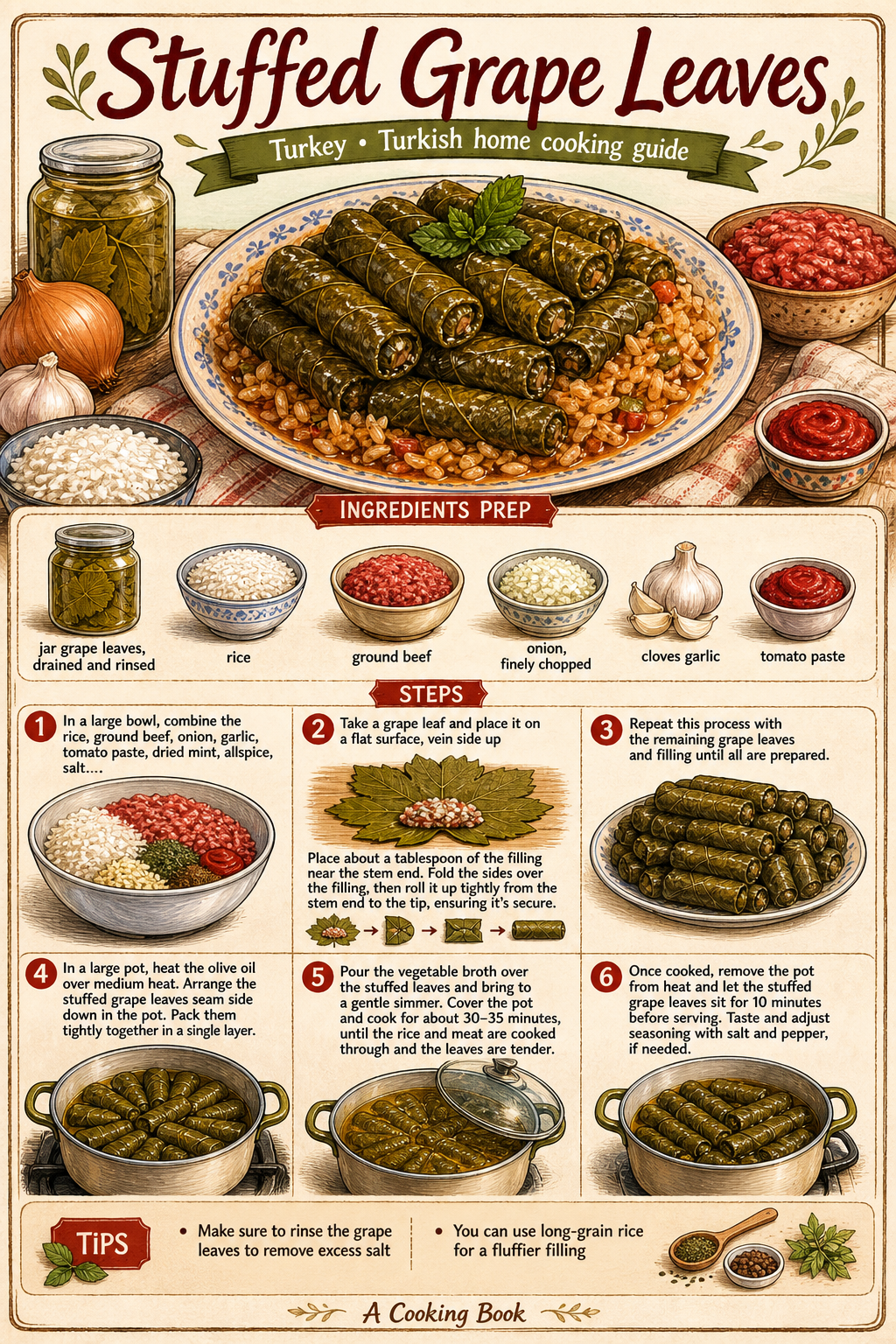 Etli Yaprak Sarma (Turkish Meat-Stuffed Grape Leaves) illustrated step-by-step cooking guide