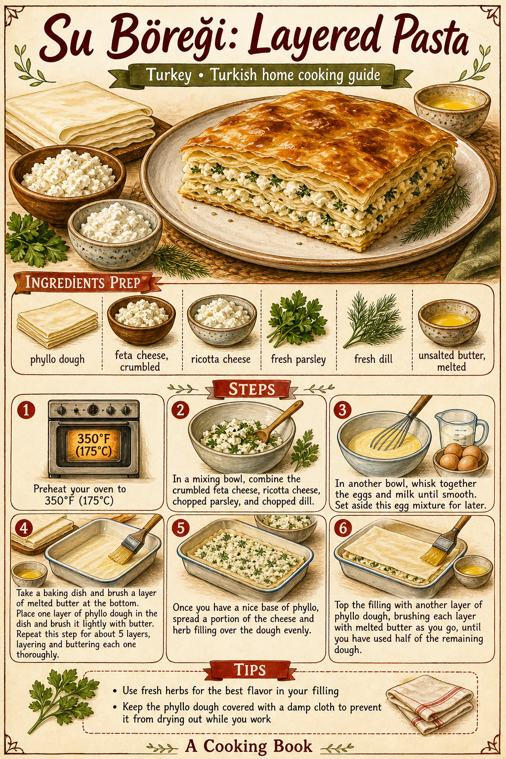 Su Böreği (Turkish Boiled-Pastry Cheese Börek) illustrated step-by-step cooking guide
