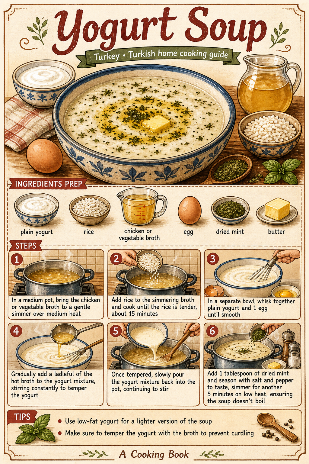 Yayla Çorbası (Turkish Yogurt and Rice Soup) illustrated step-by-step cooking guide