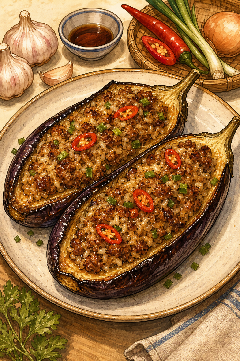Cà Tím Nhồi Thịt Sốt Cà (Pork-Stuffed Eggplant)
