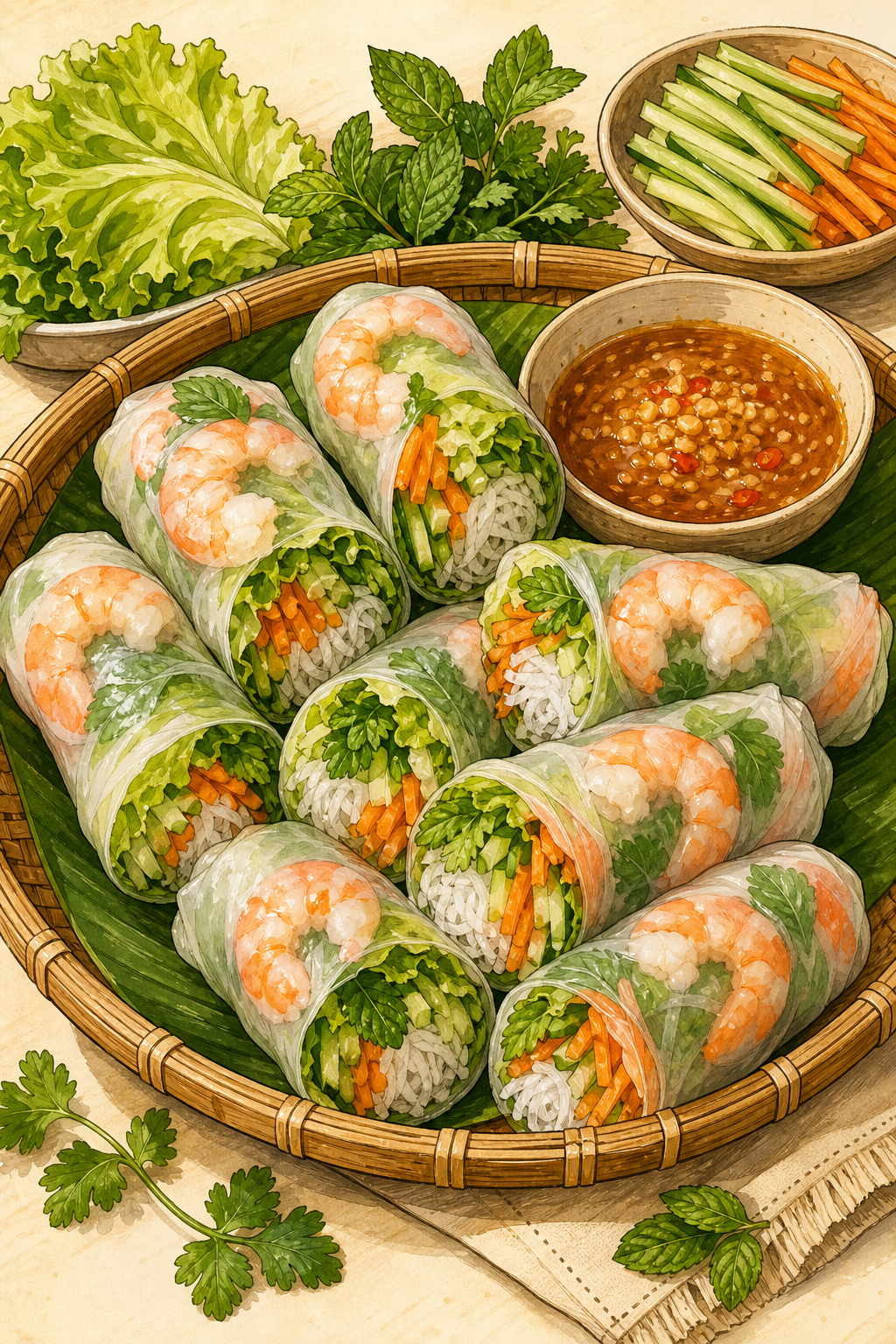 Gỏi Cuốn Tôm Thịt (Fresh Shrimp and Pork Rolls) illustrated recipe card