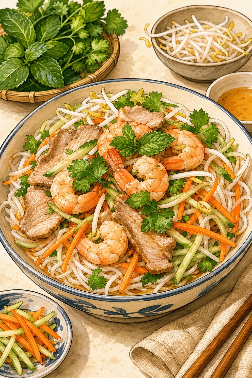 Bún Tôm Thịt Nướng (Grilled Shrimp and Pork Noodles)
