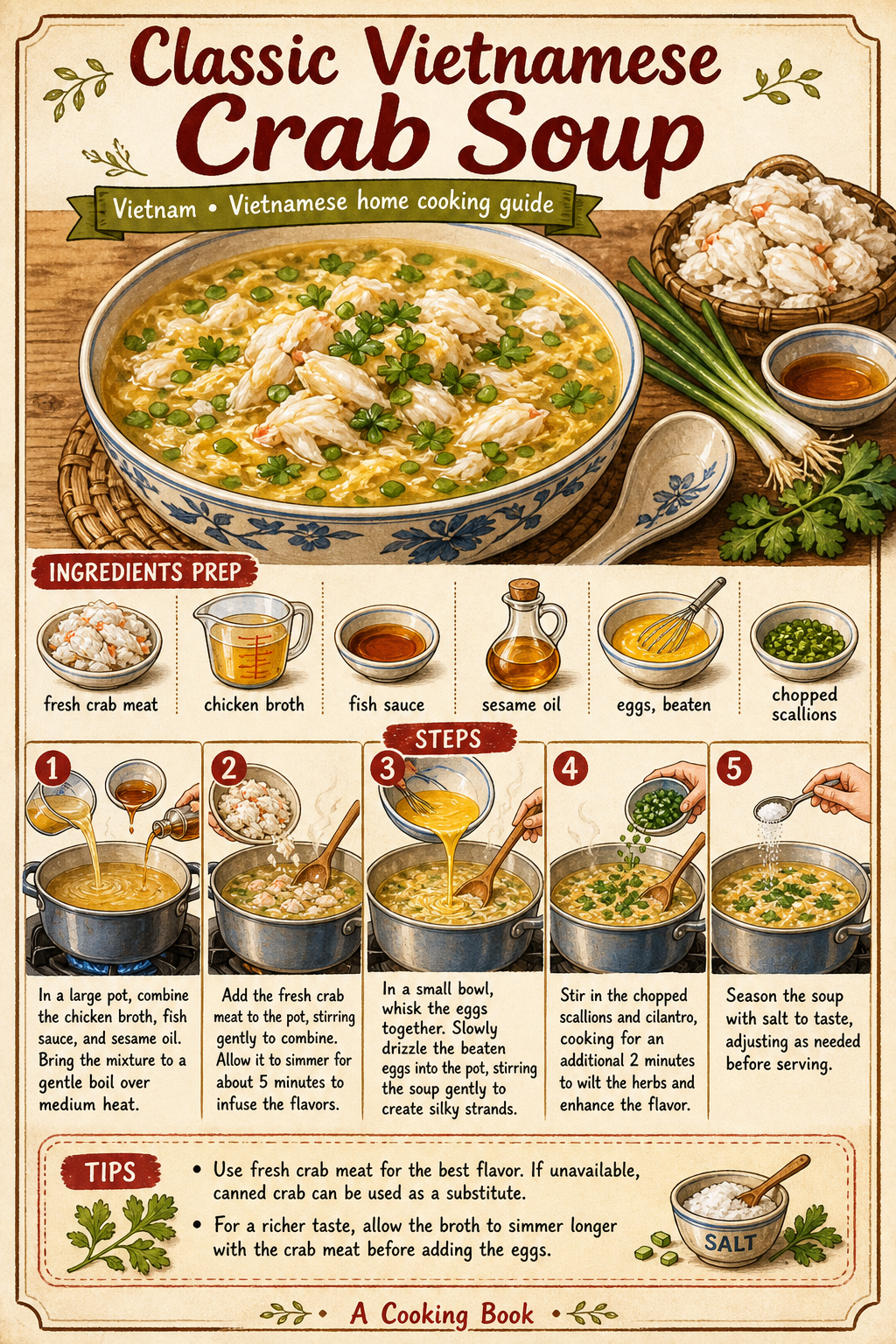 Súp Cua (Vietnamese Crab and Egg-Drop Soup) illustrated step-by-step cooking guide