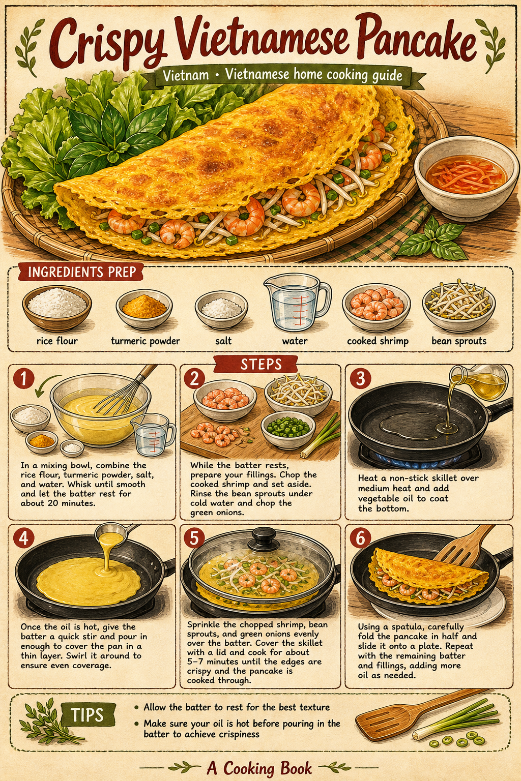 Bánh Xèo (Crispy Vietnamese Sizzling Crêpes) illustrated step-by-step cooking guide