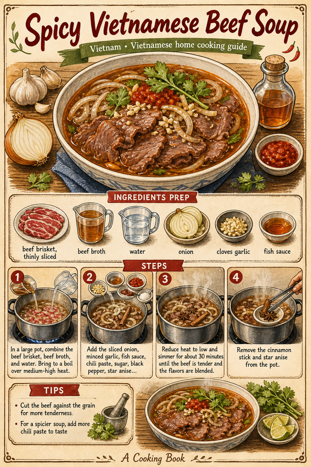 Bún Bò Huế (Spicy Huế Beef Noodle Soup) illustrated step-by-step cooking guide