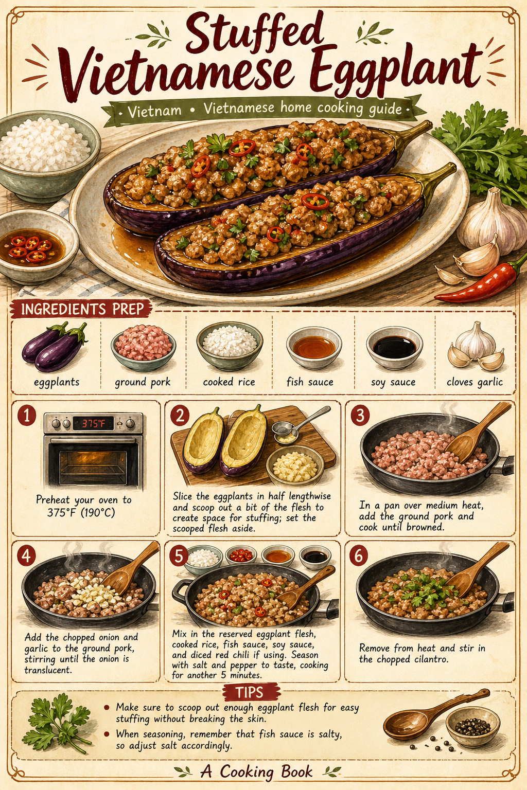 Cà Tím Nhồi Thịt Sốt Cà (Pork-Stuffed Eggplant) illustrated step-by-step cooking guide