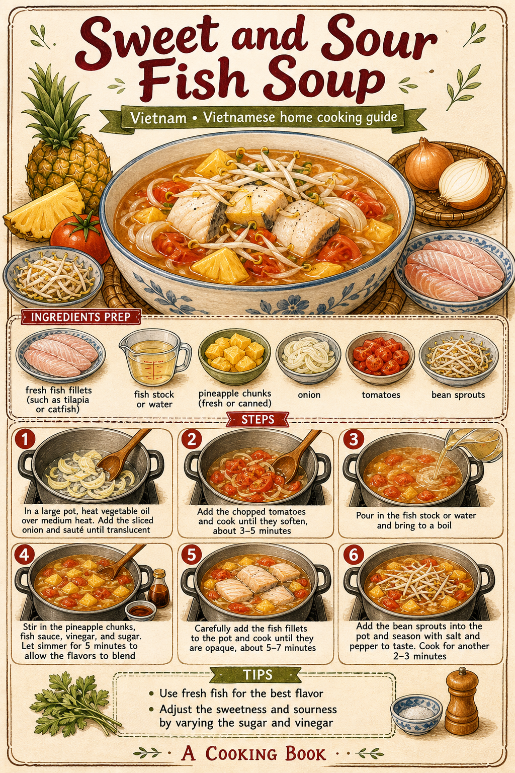 Canh Chua Cá (Vietnamese Sweet-Sour Fish Soup) illustrated step-by-step cooking guide