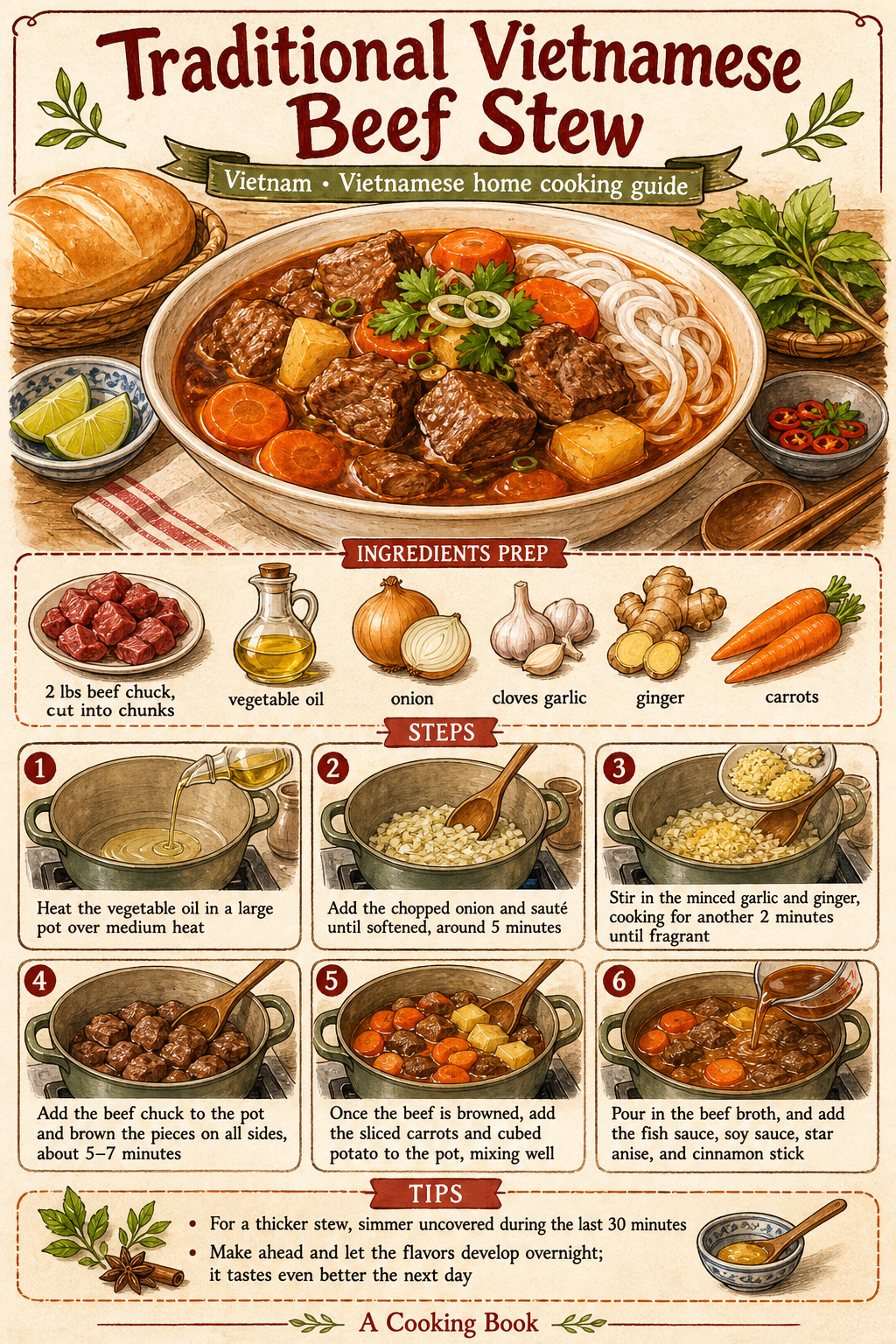 Bò Kho (Vietnamese Lemongrass Beef Stew) illustrated step-by-step cooking guide