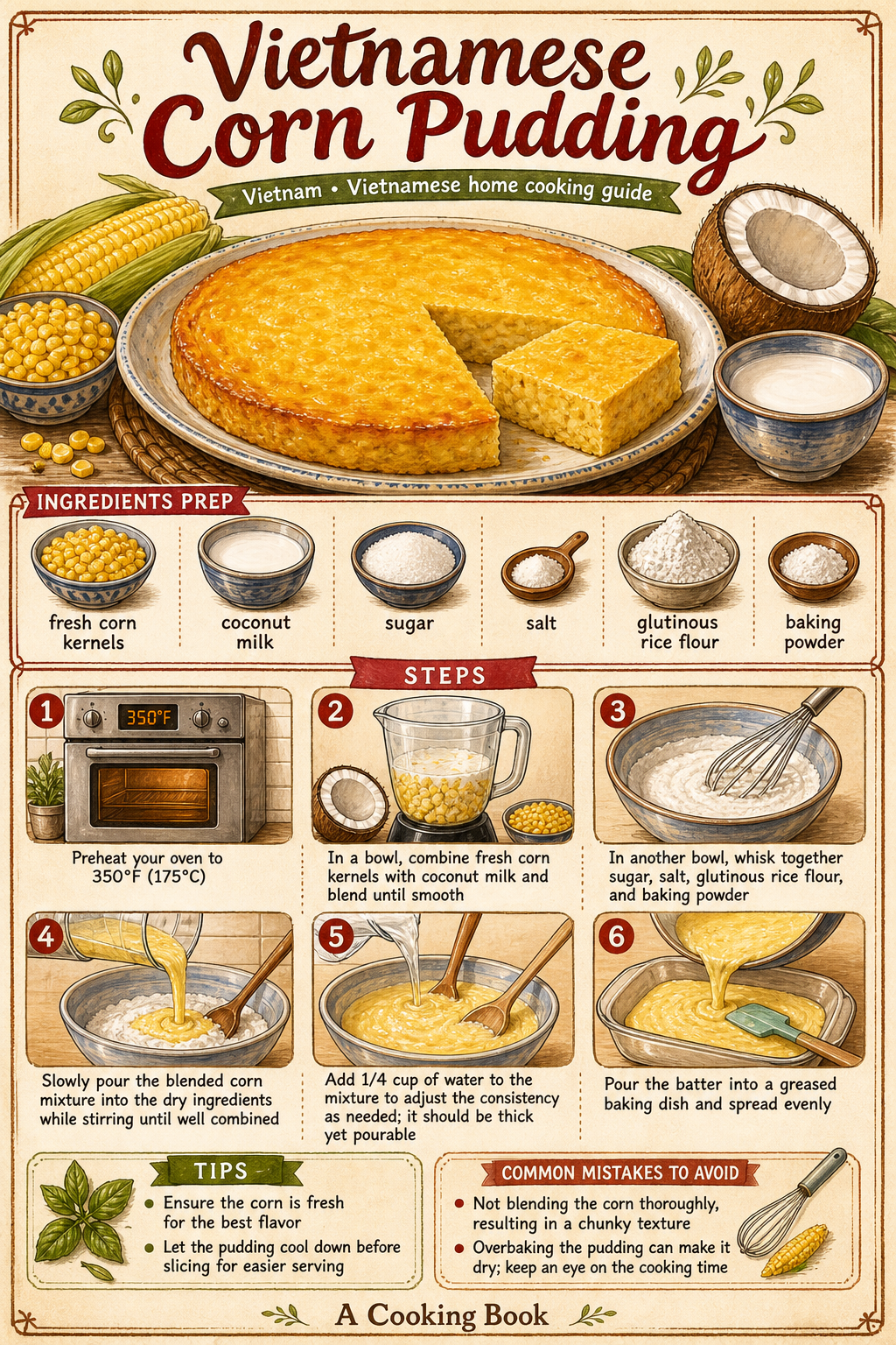 Bánh Bắp Nướng (Vietnamese Baked Corn Cake) illustrated step-by-step cooking guide