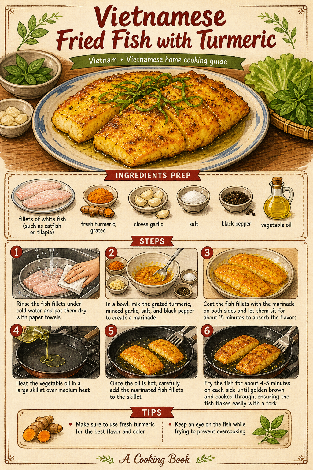 Cá Chiên Nghệ (Vietnamese Turmeric Fried Fish) illustrated step-by-step cooking guide