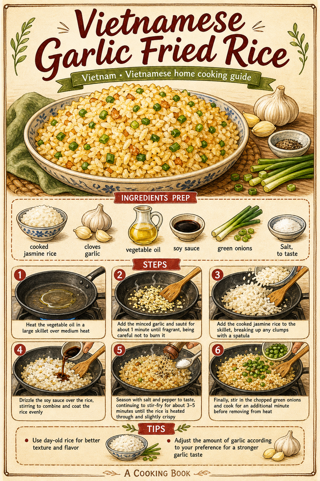 Cơm Chiên Tỏi (Vietnamese Garlic Fried Rice) illustrated step-by-step cooking guide