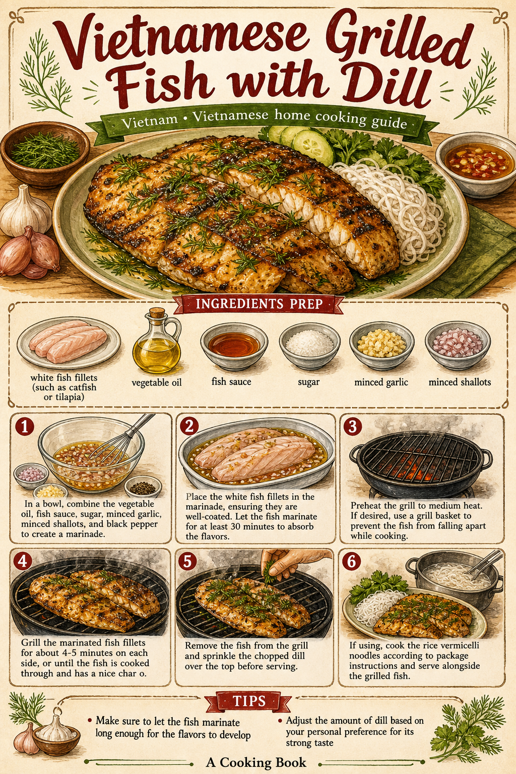 Chả Cá Hà Nội (Turmeric Fish with Dill and Scallions) illustrated step-by-step cooking guide