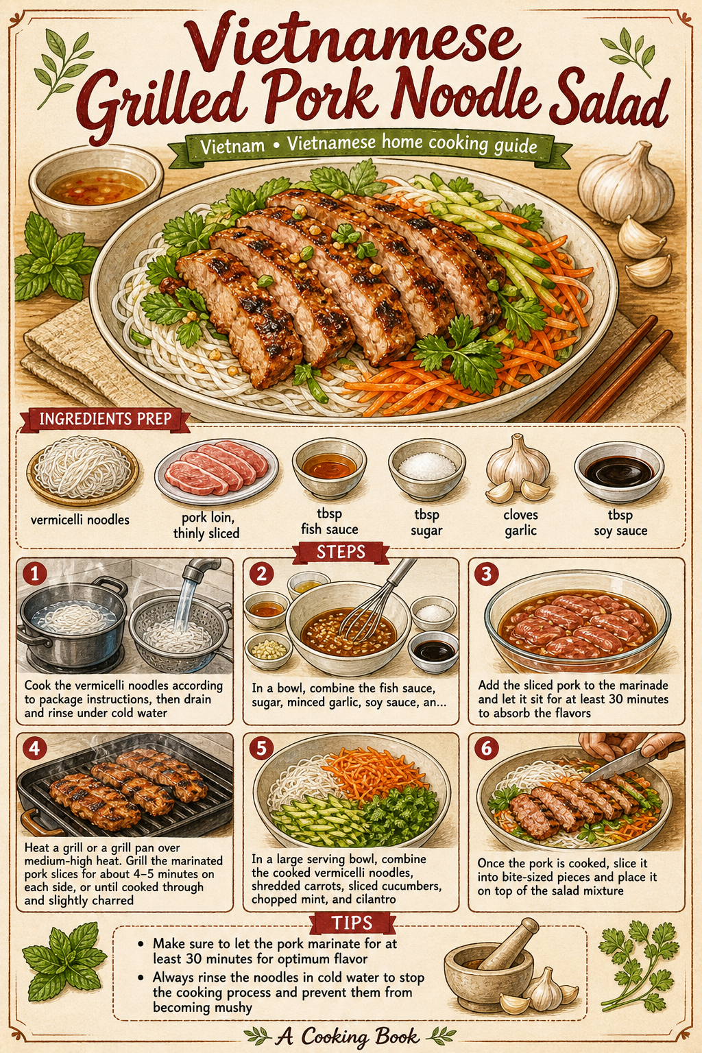 Bún Thịt Nướng (Vietnamese Grilled Pork Vermicelli) illustrated step-by-step cooking guide