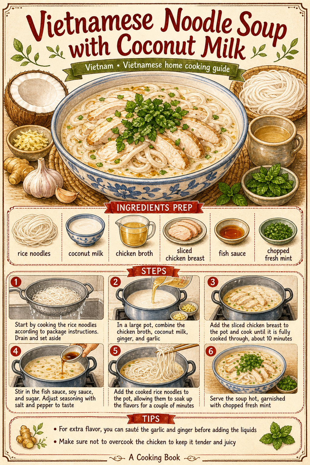 Bún Gà Nước Cốt Dừa (Vietnamese Coconut Chicken Noodles) illustrated step-by-step cooking guide