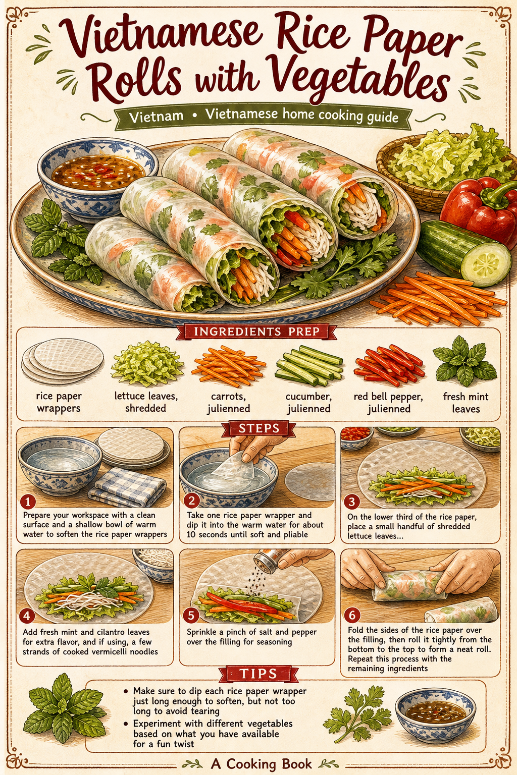 Gỏi Cuốn Chay (Vietnamese Vegetarian Fresh Rolls) illustrated step-by-step cooking guide