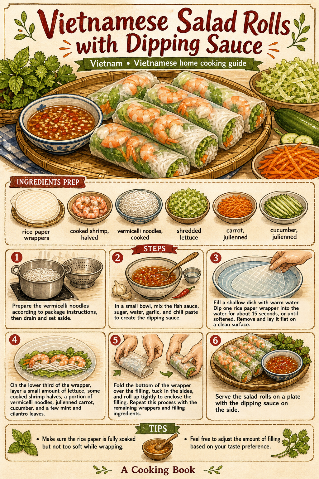 Gỏi Cuốn Tôm Thịt (Fresh Shrimp and Pork Rolls) illustrated step-by-step cooking guide