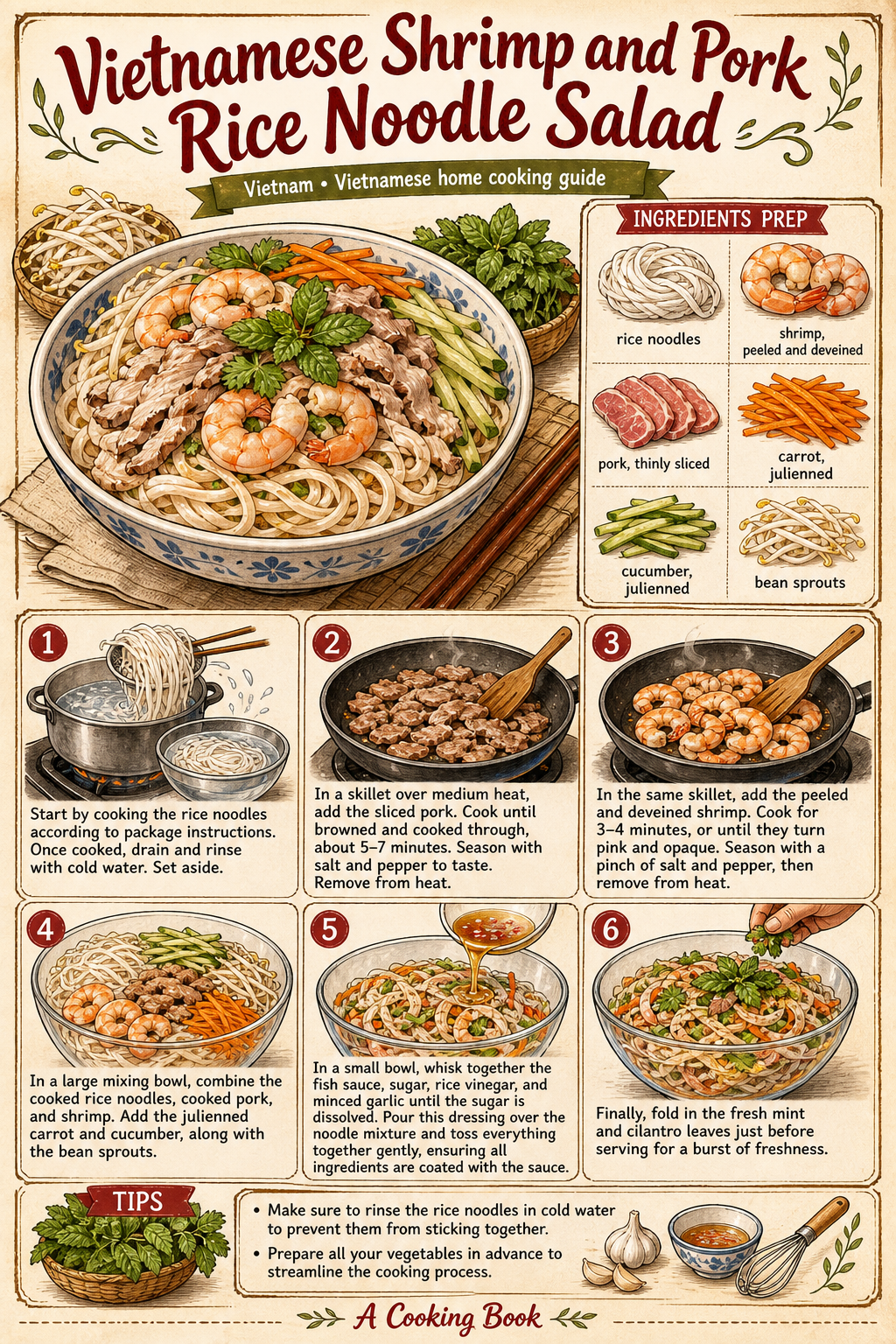 Bún Tôm Thịt Nướng (Grilled Shrimp and Pork Noodles) illustrated step-by-step cooking guide