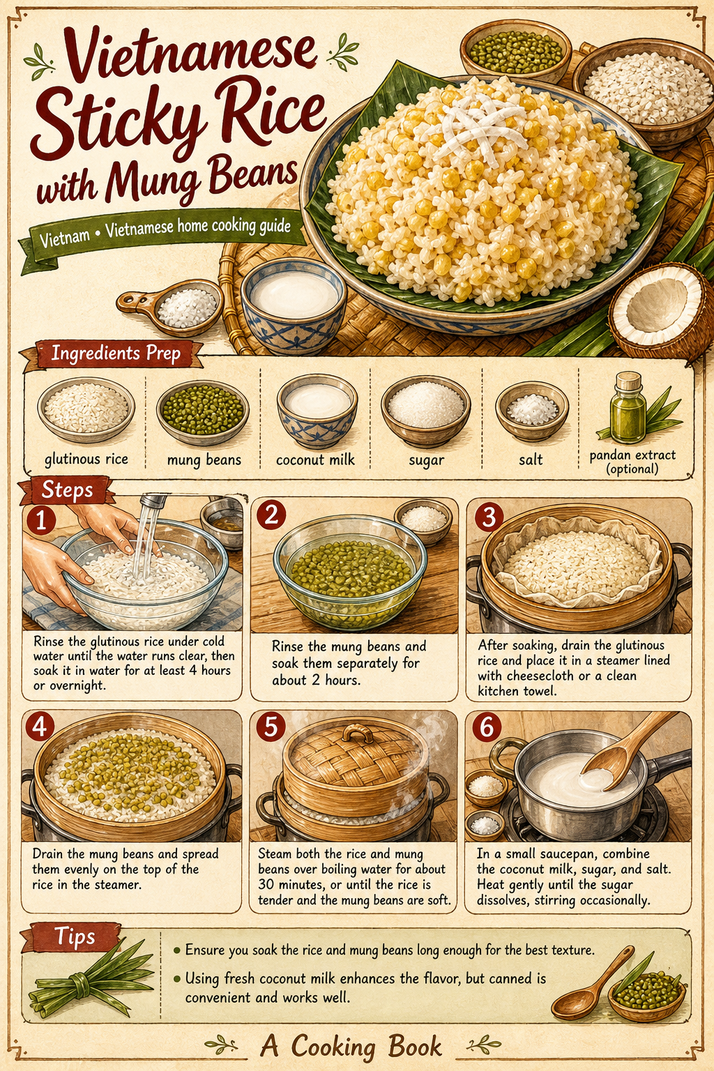 Xôi Đậu Xanh (Vietnamese Mung Bean Sticky Rice) illustrated step-by-step cooking guide