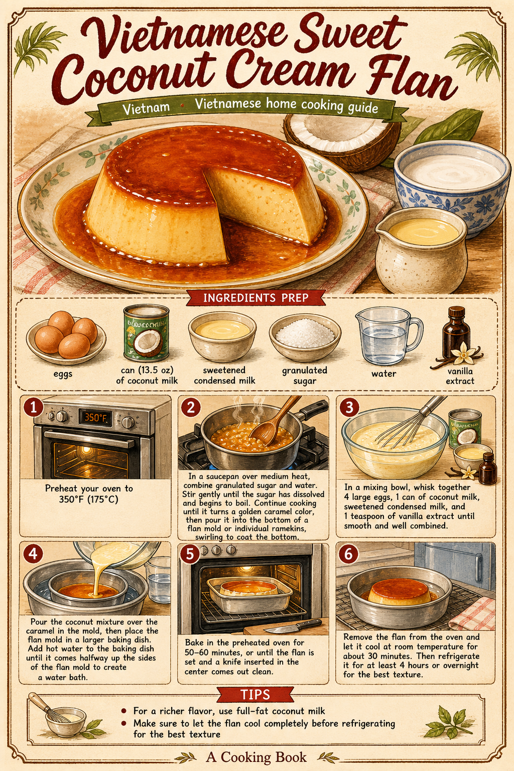 Bánh Flan Cốt Dừa (Vietnamese Coconut Crème Caramel) illustrated step-by-step cooking guide