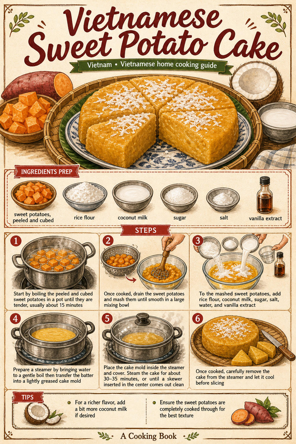 Bánh Khoai Mì Nướng (Vietnamese Baked Cassava Cake) illustrated step-by-step cooking guide