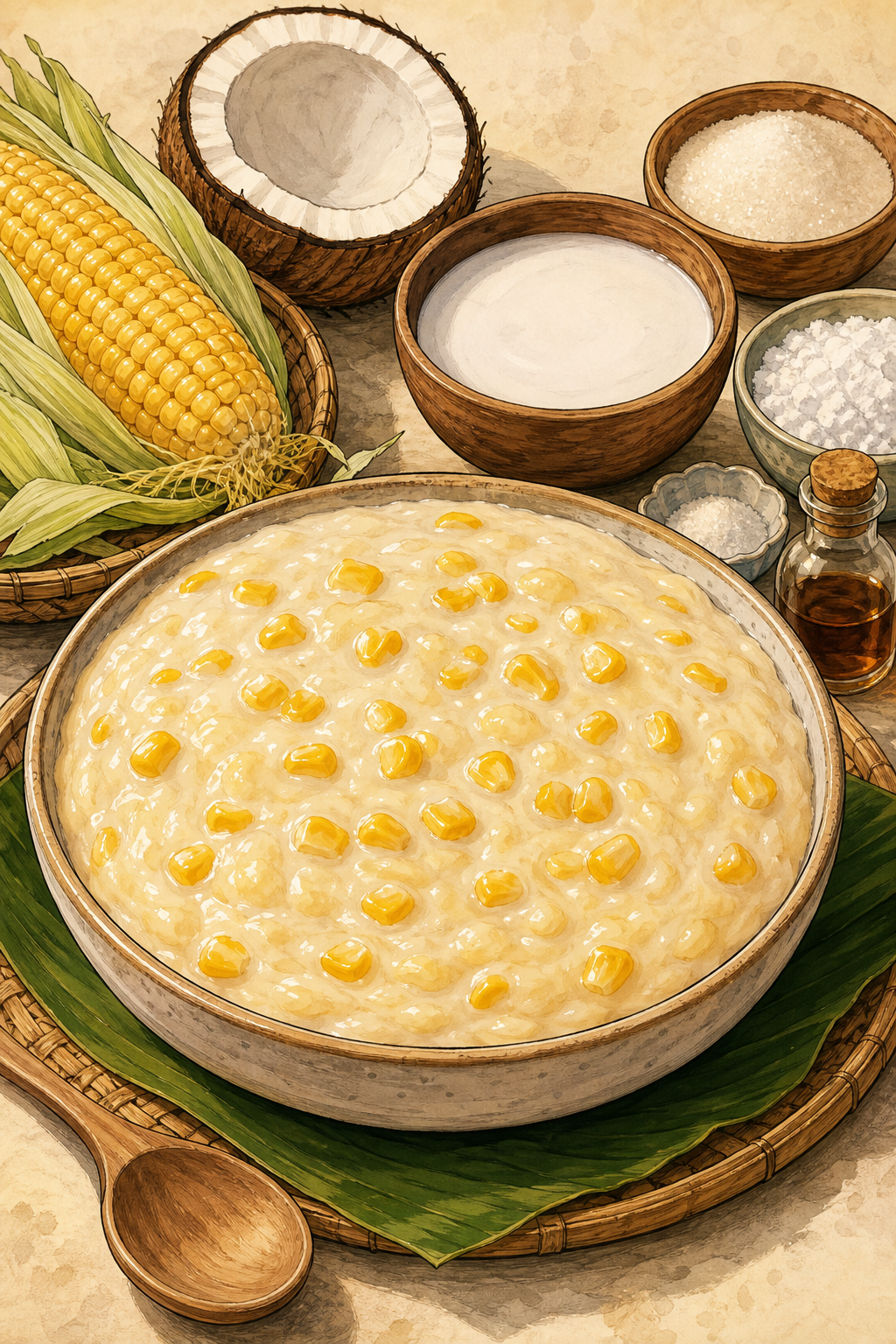 Maja Blanca with Latik illustrated recipe card