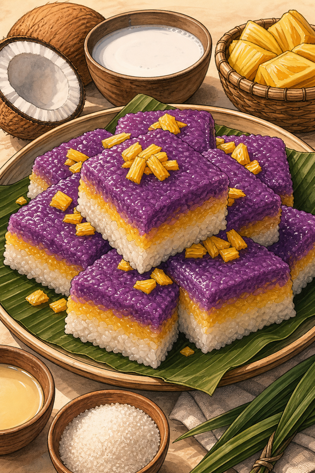 Sapin-Sapin with Latik illustrated recipe card
