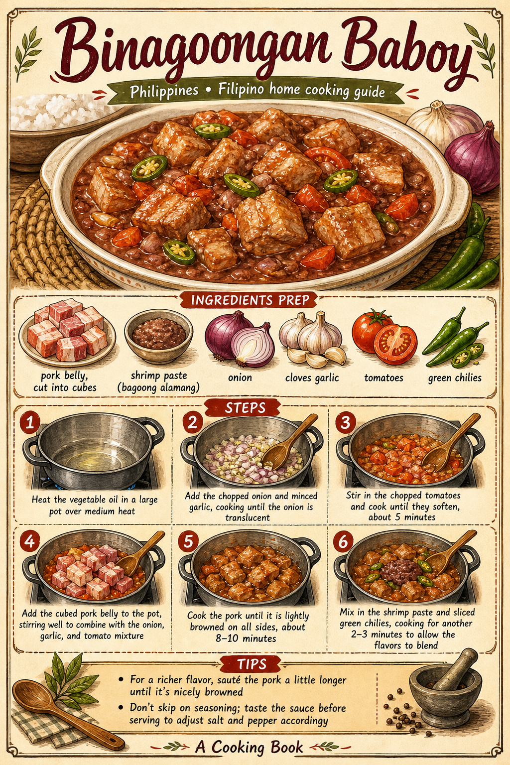 Pork Binagoongan illustrated step-by-step cooking guide