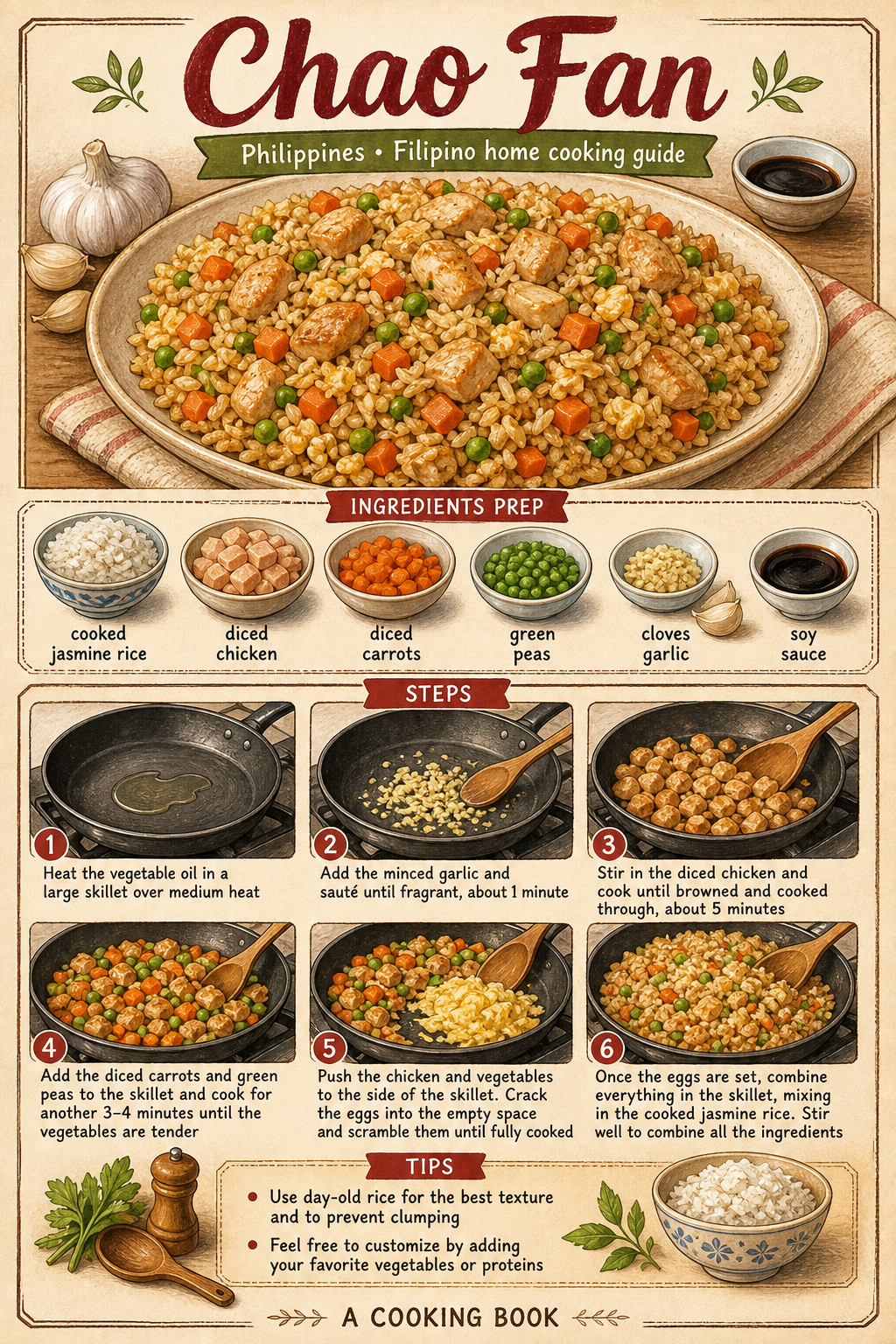 Filipino-Style Chicken Chao Fan illustrated step-by-step cooking guide