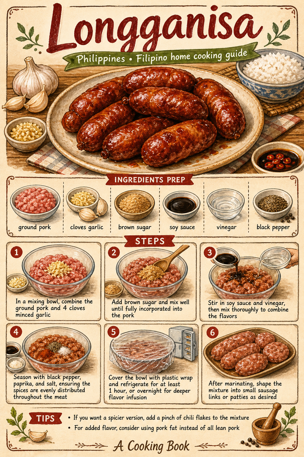 Skinless Garlic Longganisa illustrated step-by-step cooking guide