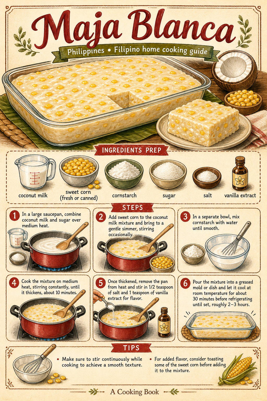 Maja Blanca with Latik illustrated step-by-step cooking guide