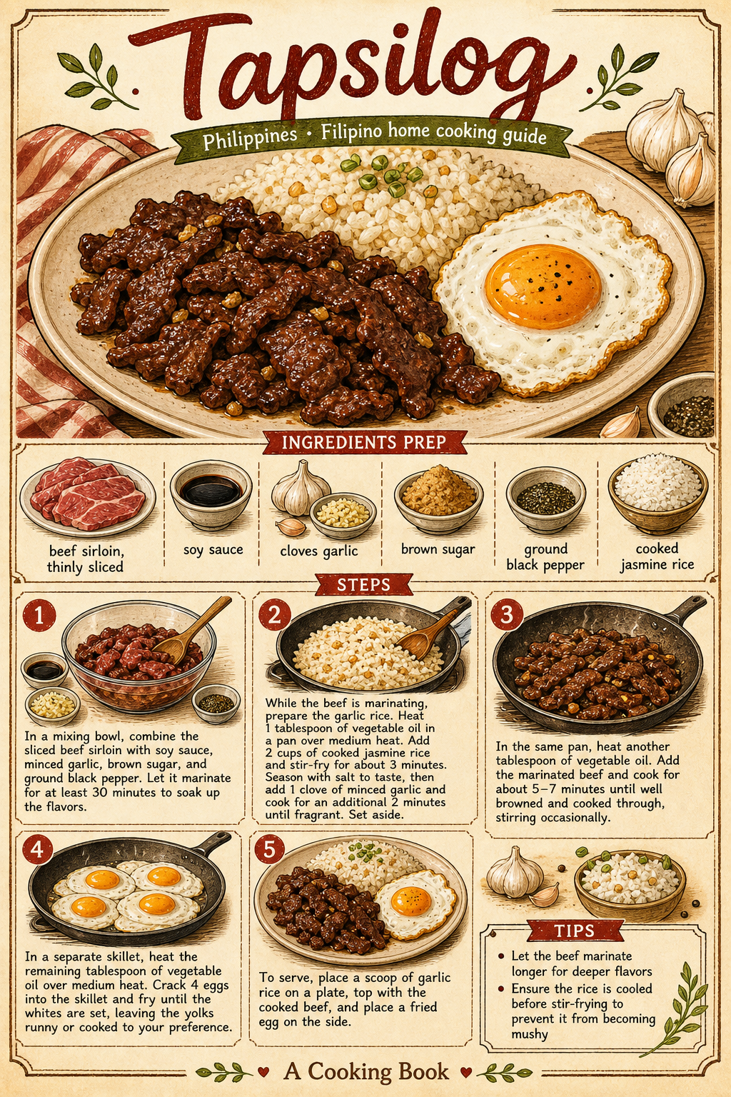 Beef Tapsilog illustrated step-by-step cooking guide