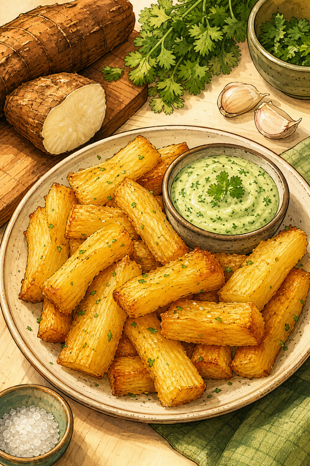 Macaxeira Frita com Molho Verde