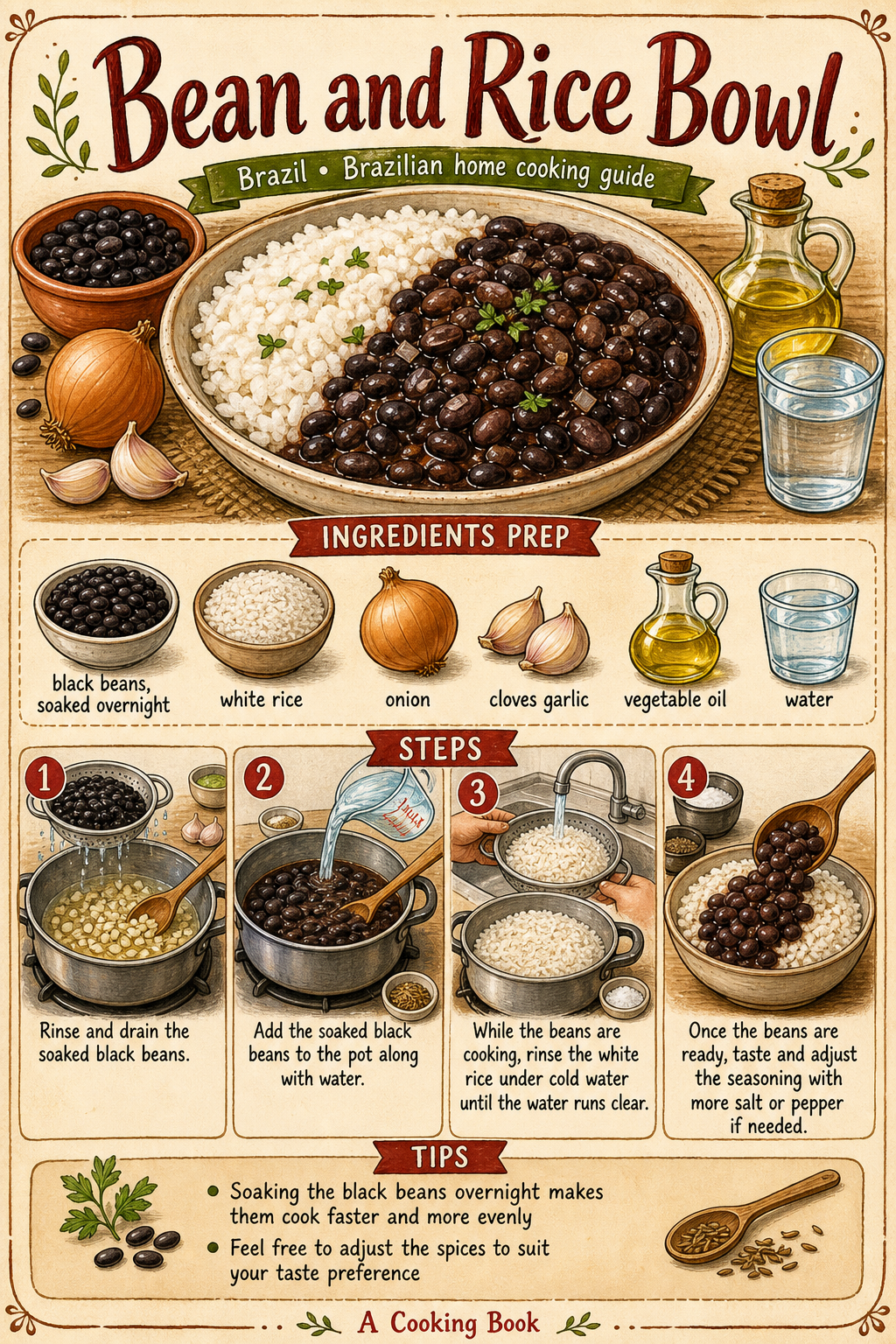 Arroz e Feijão Brasileiro illustrated step-by-step cooking guide