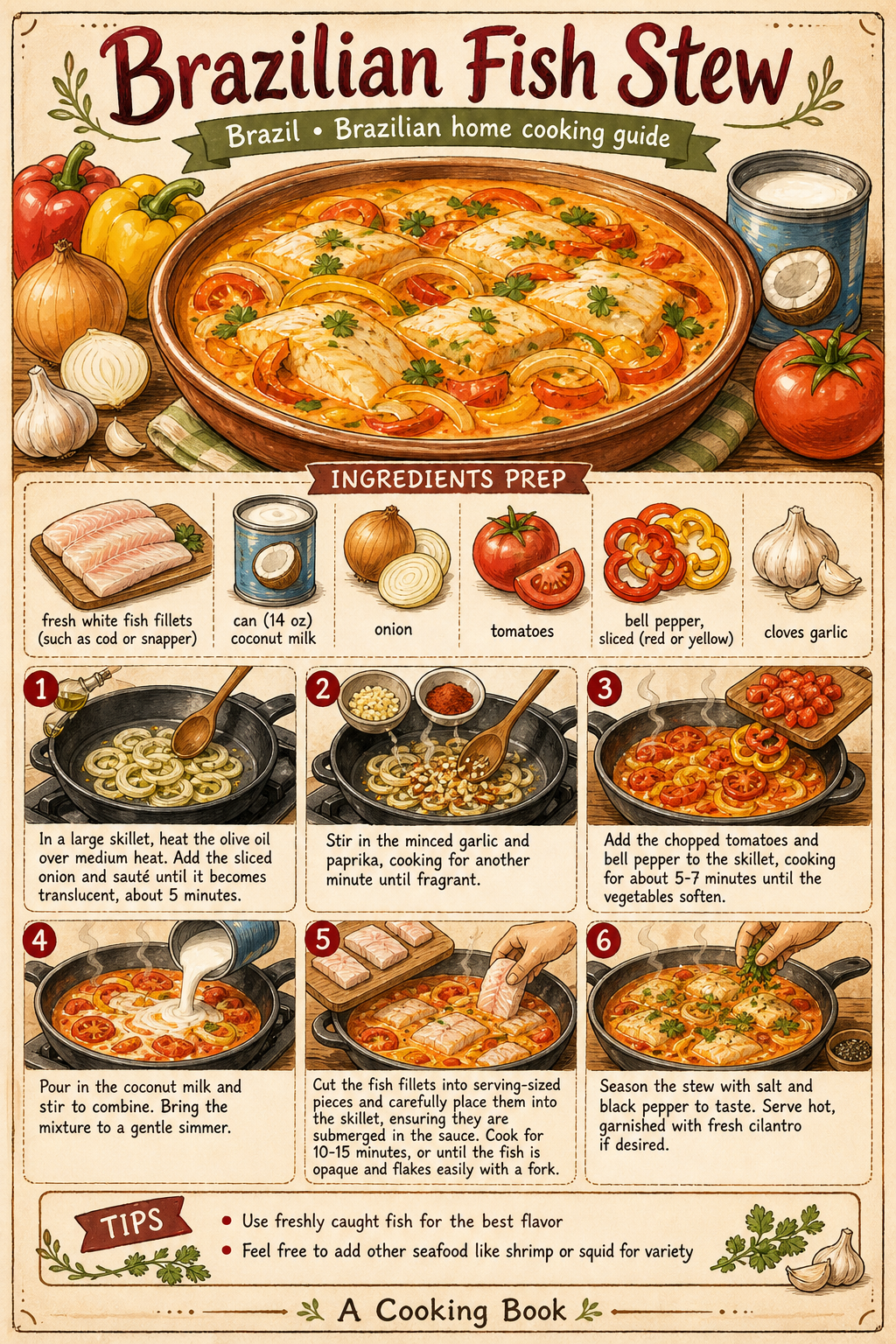 Moqueca Baiana de Peixe illustrated step-by-step cooking guide