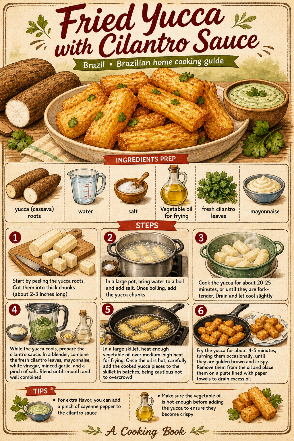 Macaxeira Frita com Molho Verde illustrated step-by-step cooking guide