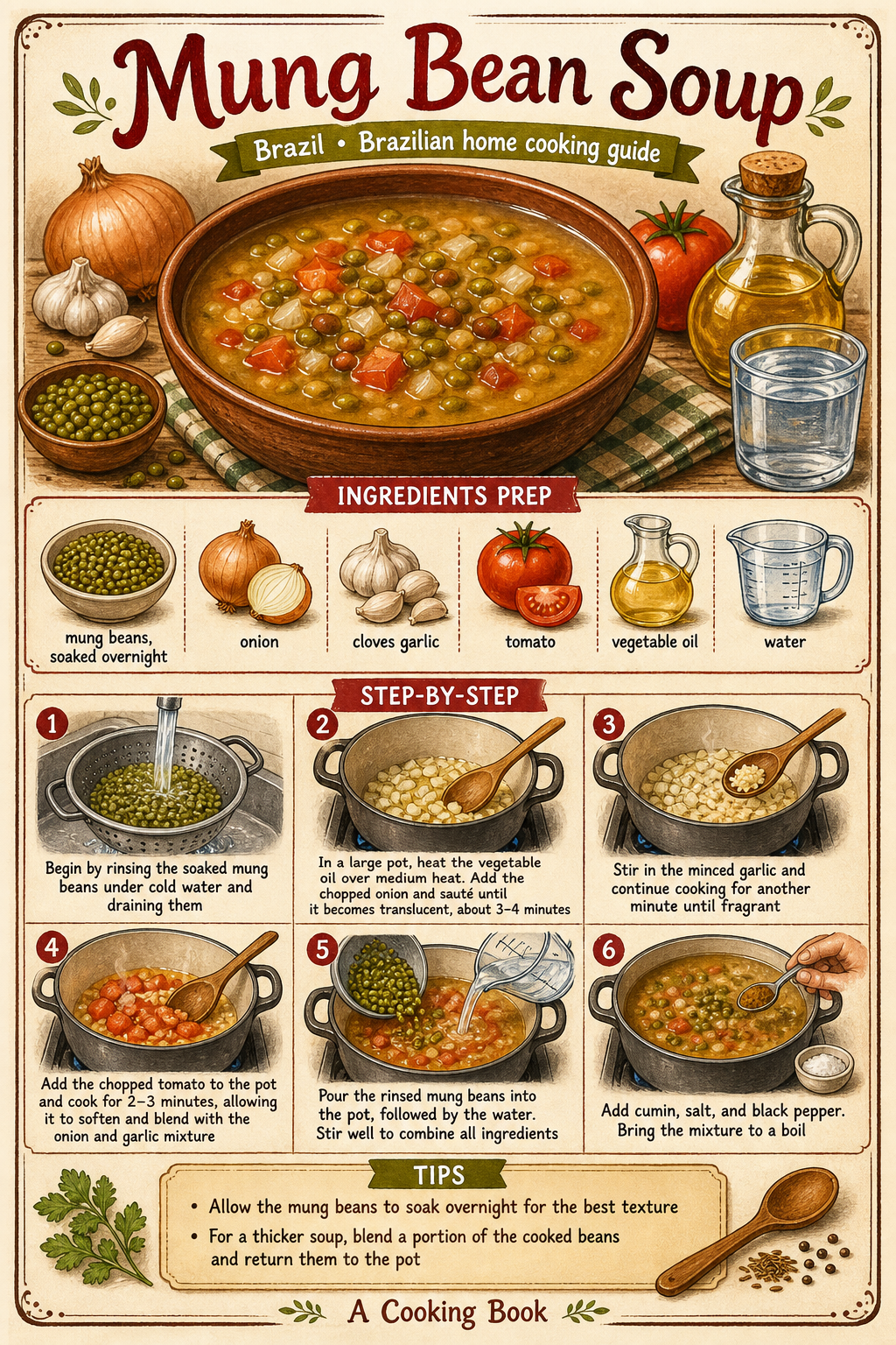 Sopa Brasileira de Feijão-Mungo illustrated step-by-step cooking guide