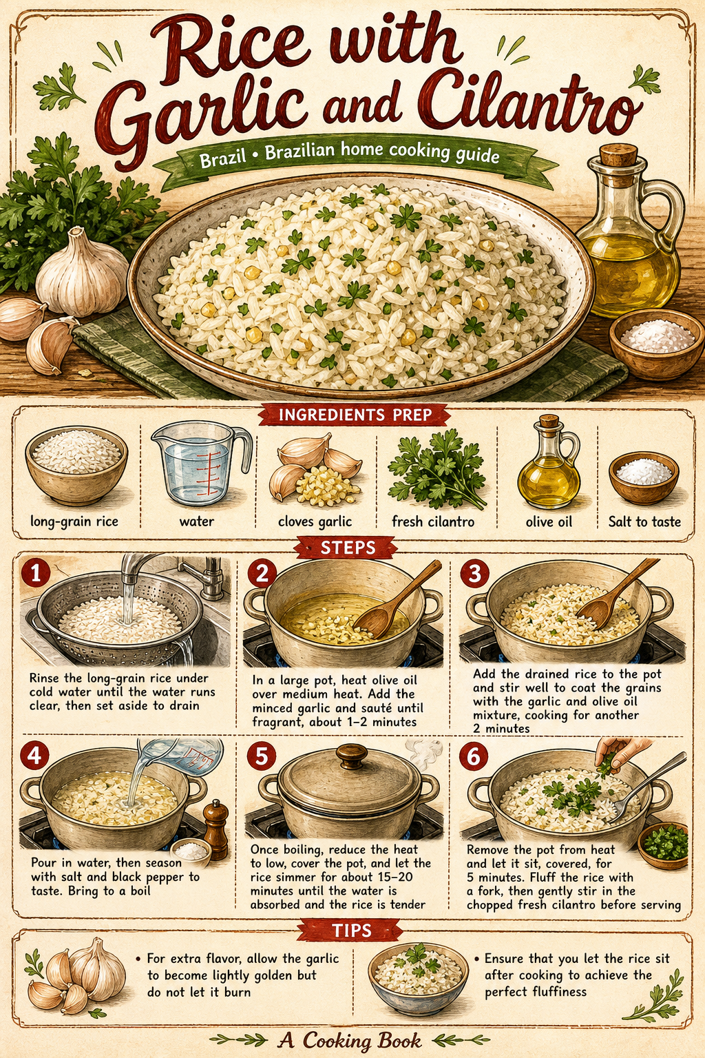 Arroz Branco com Alho e Cheiro-Verde illustrated step-by-step cooking guide