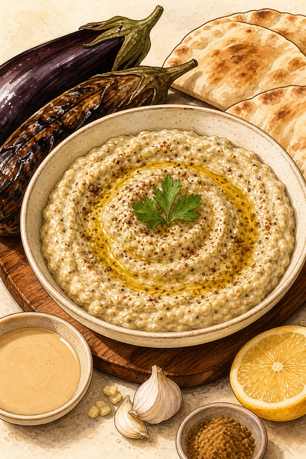 Baba Ghanoush illustrated recipe card